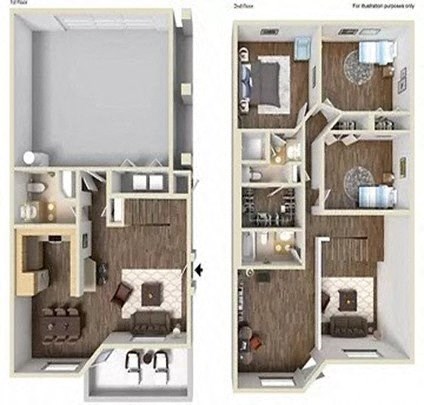 A floor plan of large two-story apartment with a kitchen and living room on the first floor and 3 bedrooms on the second floor.